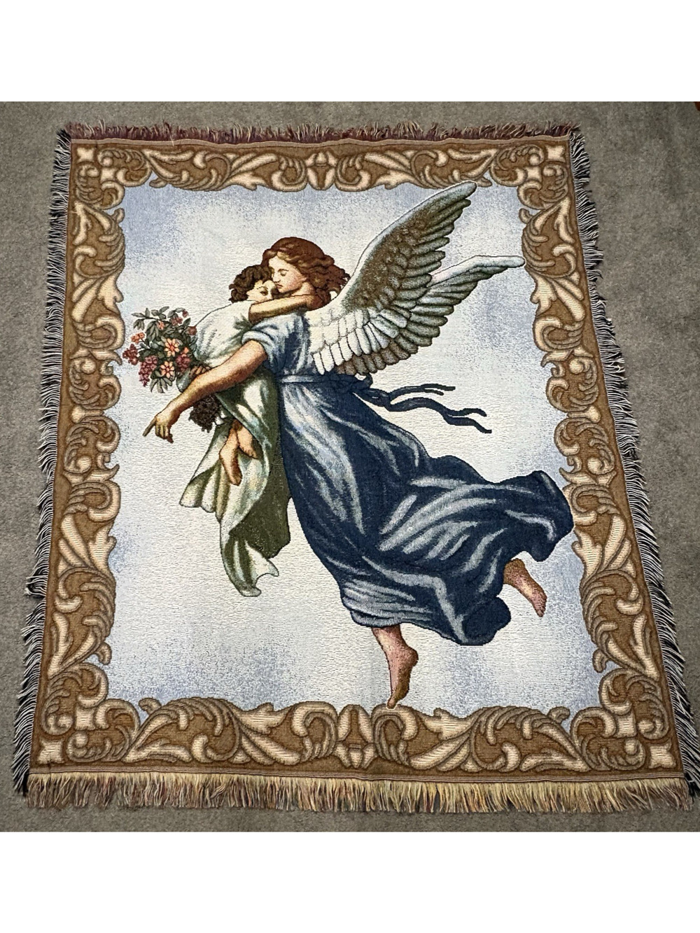 Vintage American Weavers Guardian Angel Throw Tapestry Wall Hanging 48 X 57